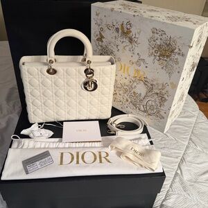 Dior Lady Dior Small Quilted Satchel in White with Gold Hardware